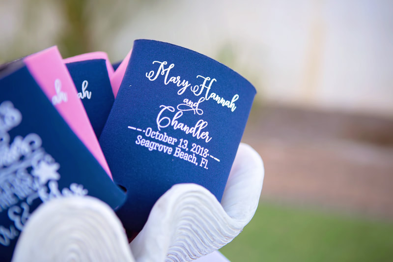 Customized coozies for wedding day guests.  santa rosa beach wedding photographer.